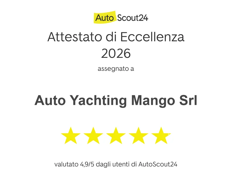 Attestato di Eccellenza 2026 AutoScout24 — Auto Yachting Mango Srl, valutato 4,9 su 5